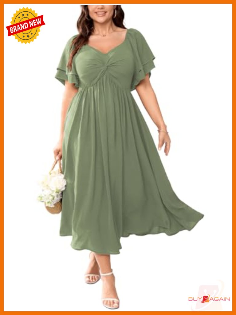 Plus Size Sweetheart Neckline Ruffle Sleeve A Line Maxi Dress Wedding Guest